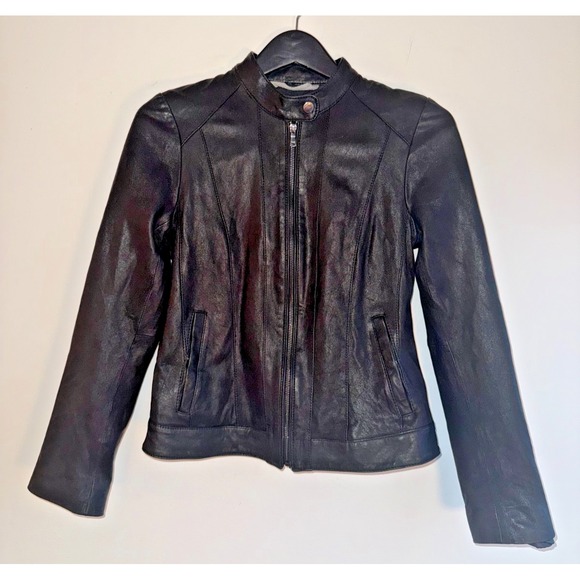 Cole Haan Women's Size Medium Racer Leather Jacket Black Moto Style EUC Classic - Picture 2 of 9